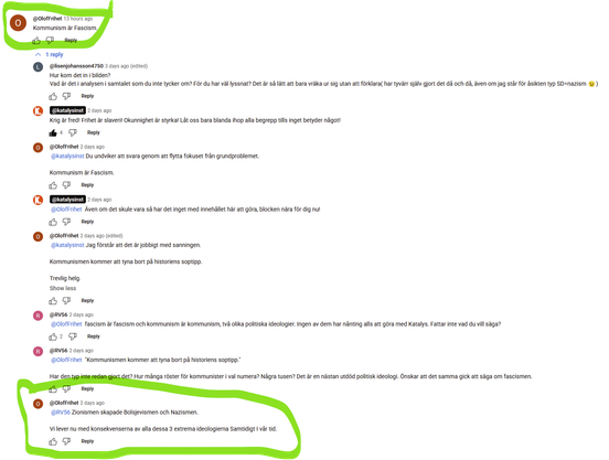 @OlofFrihet:
Kommunism är Fascism.
@lisenjohansson4750:
Hur kom det in i bilden? 
Vad är det i analysen i samtalet som du inte tycker om? För du har väl lyssnat? Det är så lätt att bara vräka ur sig utan att förklara( har tyvärr själv gjort det då och då, även om jag står för åsikten typ SD=nazism 😉)
@katalysinst:
Krig är fred! Frihet är slaveri! Okunnighet är styrka! Låt oss bara blanda ihop alla begrepp tills inget betyder något!
@OlofFrihet:
@katalysinst Du undviker att svara genom att flytt…