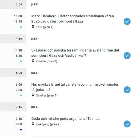 Schema för Limmud. Ett samtal om folkmordsdefinitionen, ett om att ta avstånd från Israel, ett om judar och vänster och ett om argumentation Talmud.