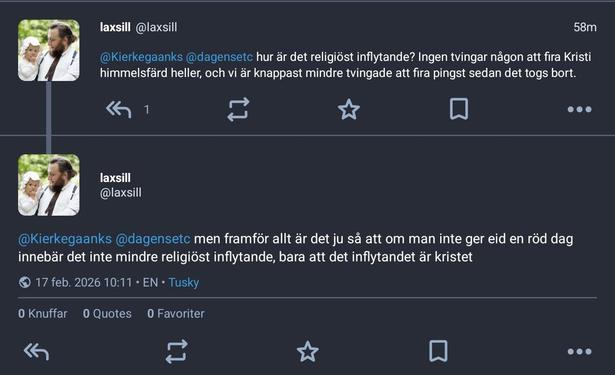 laxsill
@laxsill
@Kierkegaanks @dagensetc hur är det religiöst inflytande? Ingen tvingar någon att fira Kristi himmelsfärd heller, och vi är knappast mindre tvingade att fira pingst sedan det togs bort.
@Kierkegaanks @dagensetc men framför allt är det ju så att om man inte ger eid en röd dag innebär det inte mindre religiöst inflytande, bara att det inflytandet är kristet