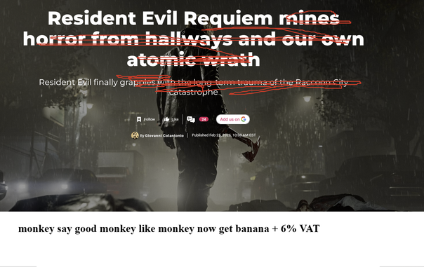 Länkad artikel men rubriken är nu bara "Resident Evil Requiem" och brödtexten enbart "monkey say good monkey like monkey now get banana + 6% VAT"