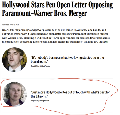 Onionartikel: "Hollywood Stars Pen Open Letter Opposing Paramount–Warner Bros. Merger
Over 1,000 major Hollywood power players such as Ben Stiller, J.J. Abrams, Jane Fonda, and Sopranos creator David Chase signed an open letter opposing Paramount’s proposed merger with Warner Bros., claiming it will result in “fewer opportunities for creators, fewer jobs across the production ecosystem, higher costs, and less choice for audiences.” What do you think?""


Markerat svar: “Just more Hollywood elit…