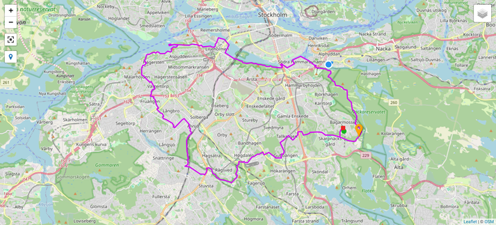 Karta över södra Stockholm med en tur med hörnen i Skarpnäck, Stuvsta, Hägersten och Hammarby.
