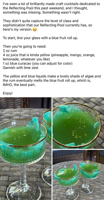 I've seen a lot of brilliantly made craft cocktails dedicated tothe Reflecting Pool this past weekend, and | thought, something was missing. Something wasn't right. They didn't quite capture the level of class and sophistication that our Reflecting Pool currently has, so here's my version. 

To start, line your glass with a blue fruit roll up.
Then you're going to need:
2 0z rum
4 oz juice that is kinda yellow (pineapple, mango, orange, lemonade, whatever you like)
1 0z blue curacao (you c…