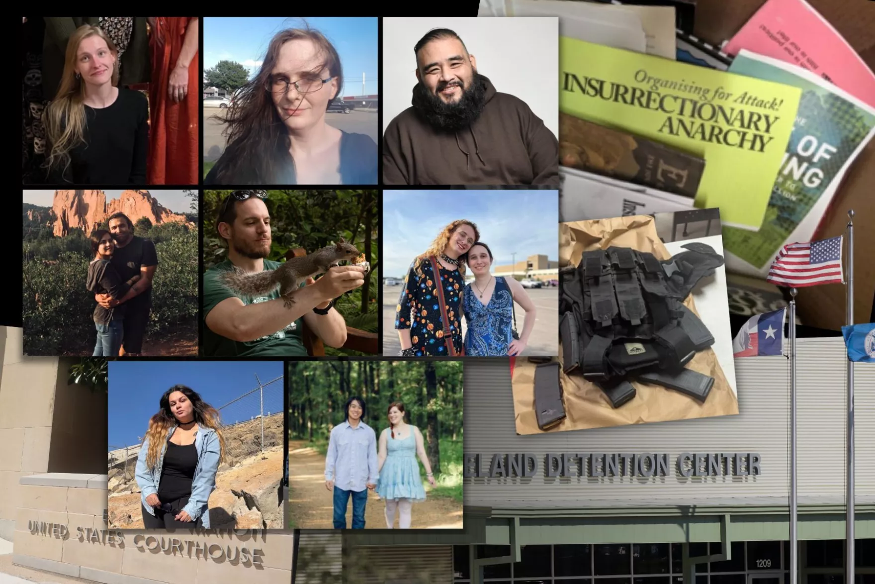 Nine people are on trial this week in what could be the first-ever federal terrorism case associated with “antifa.” From top left: Savanna Batten, Meagan Morris, Daniel Sanchez Estrada, Elizabeth (left) and Ines Soto, Zachary Evetts, Autumn Hill (left), Maricela Rueda, Benjamin Song (left).